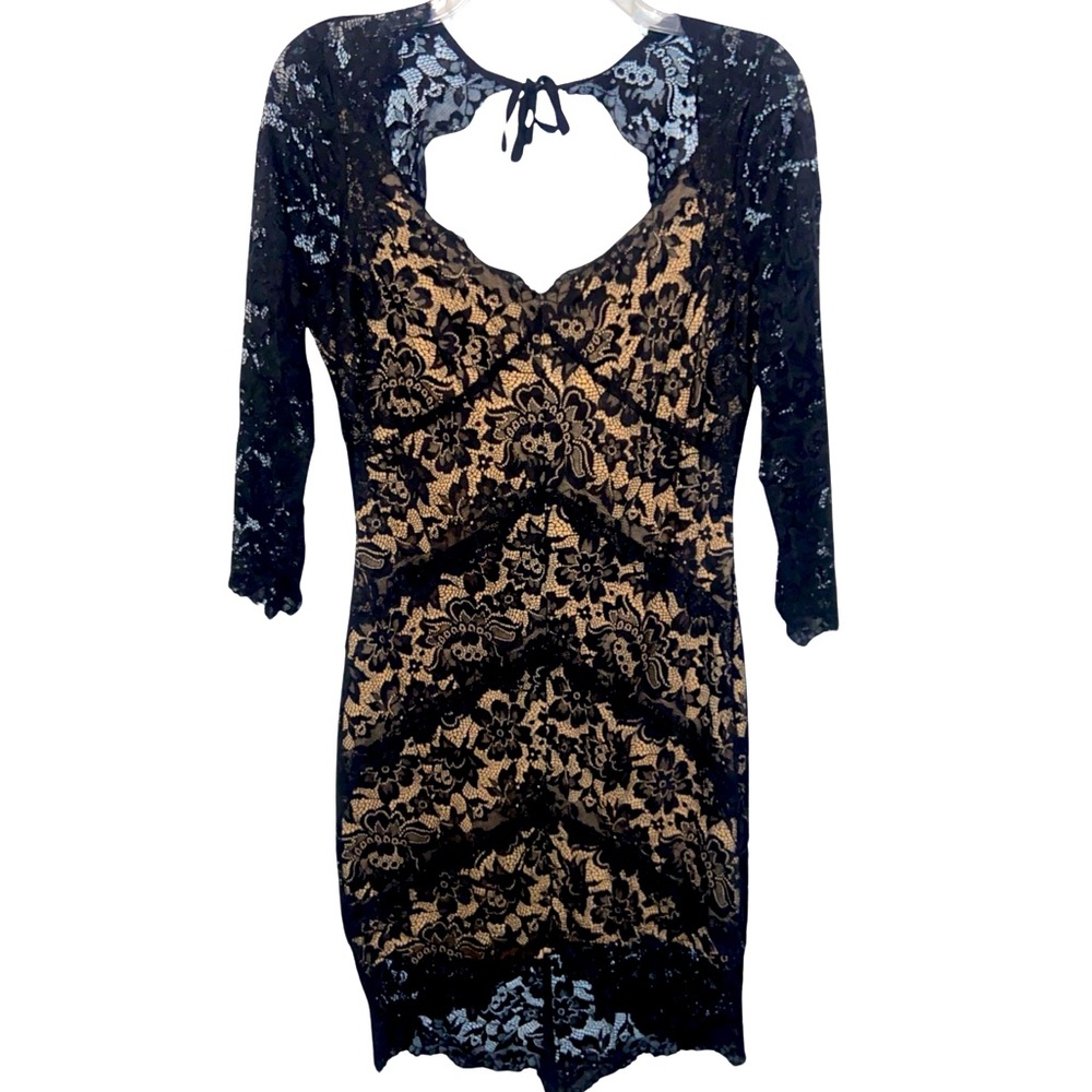 VENUS Black and Tan Lace Midi Dress.Open back. Cocktail dress Wedding Guest Sz M